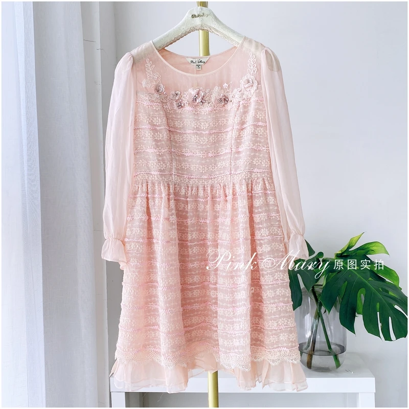 PinkMary粉红玛琍粉色圆领长袖连衣裙裙子女甜美时尚PMAFS556410