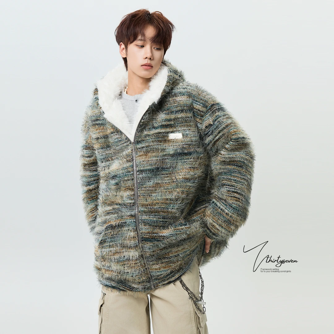 V37美式高级感油画渐变色连帽棉衣男冬季潮牌青少年条纹开衫外套