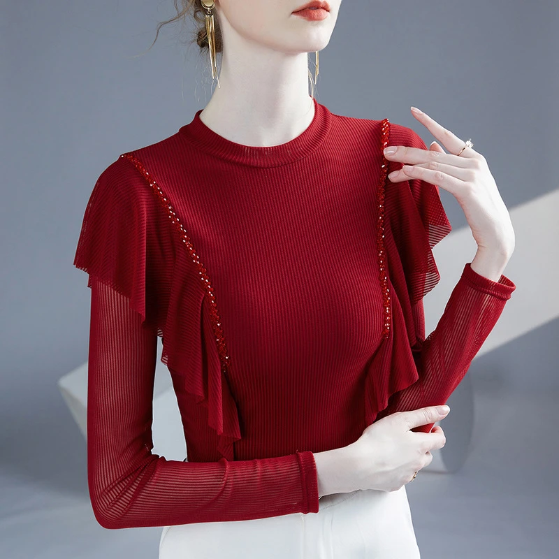 广场舞练功服荷叶边钉珠上衣拉丁舞现代舞舞蹈服