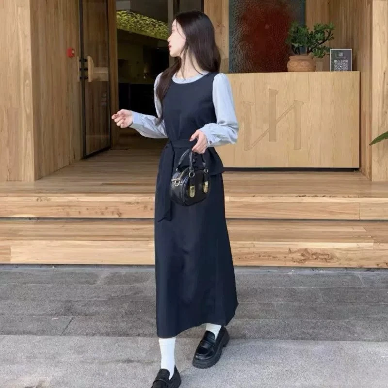 时髦高级感穿搭拼接圆领长袖衬衫纯色高腰显瘦半身裙女慵懒风套装