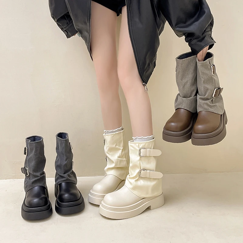 复古百搭堆堆靴韩系裤管靴女2025秋冬新款时尚马丁靴中筒时装靴潮