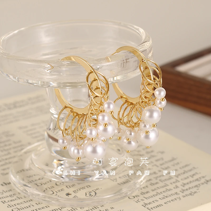 泡芙 铜合金仿珍珠耳饰 金笼珠珠耳饰珠珠精致轻奢气质耳环女