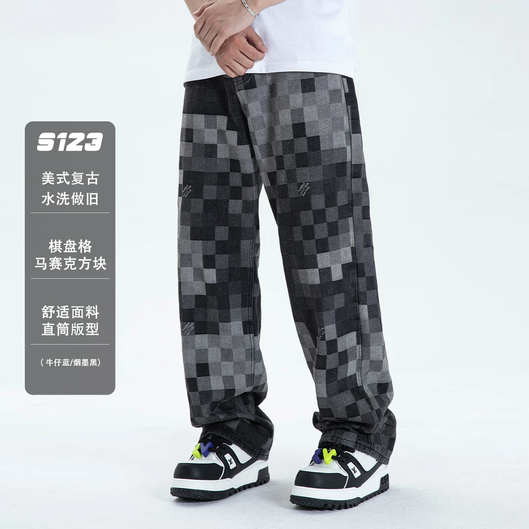 25SS菲董 马赛克棋盘格牛仔裤美式潮牌男春季新款高街休闲直筒