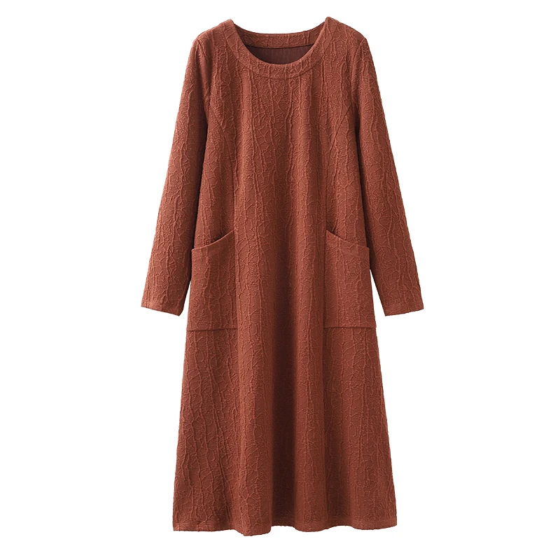 秋纯色大口袋提花长袖连衣裙ZB4524