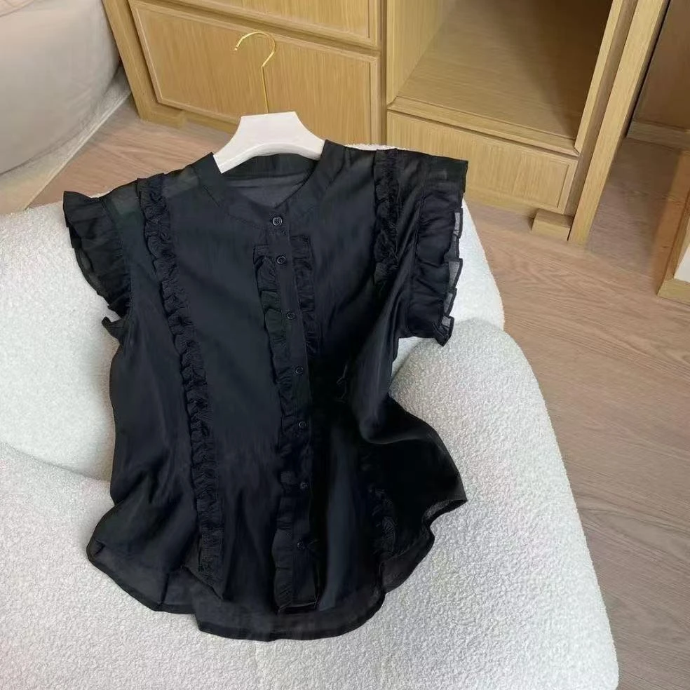 法式气质单排扣木耳边短袖衬衫女夏高级感甜美减龄别致小飞袖上衣