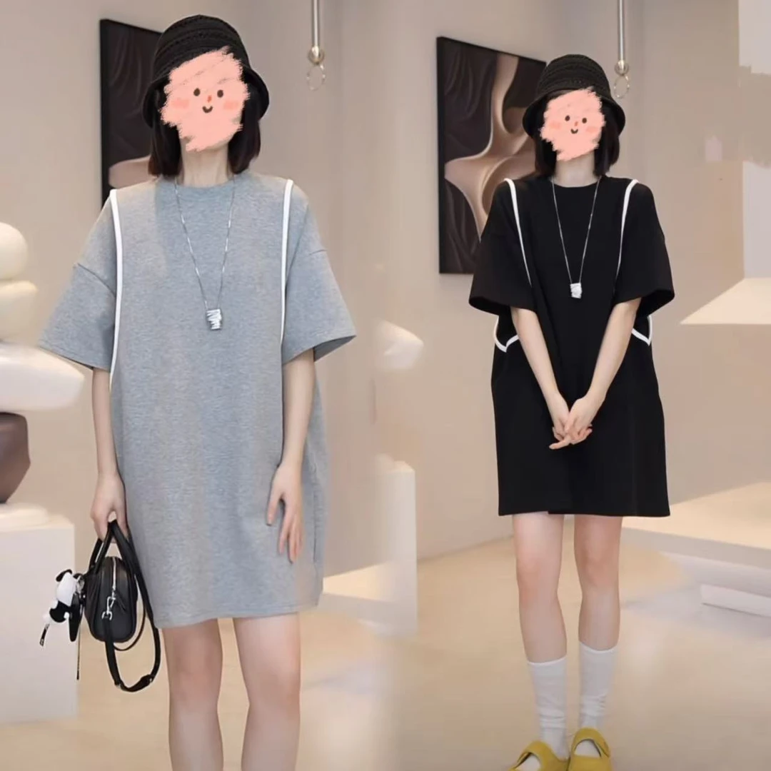 2025年设计师款时尚大码夏季短袖连衣裙宽松显瘦气质中长T恤裙