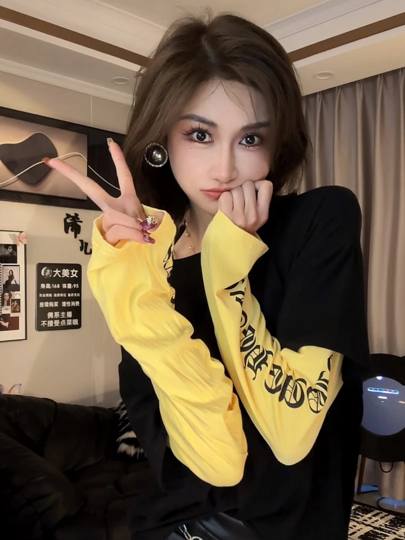 潮牌十字架印花假两件长袖T恤女新款撞色宽松显瘦内搭上衣