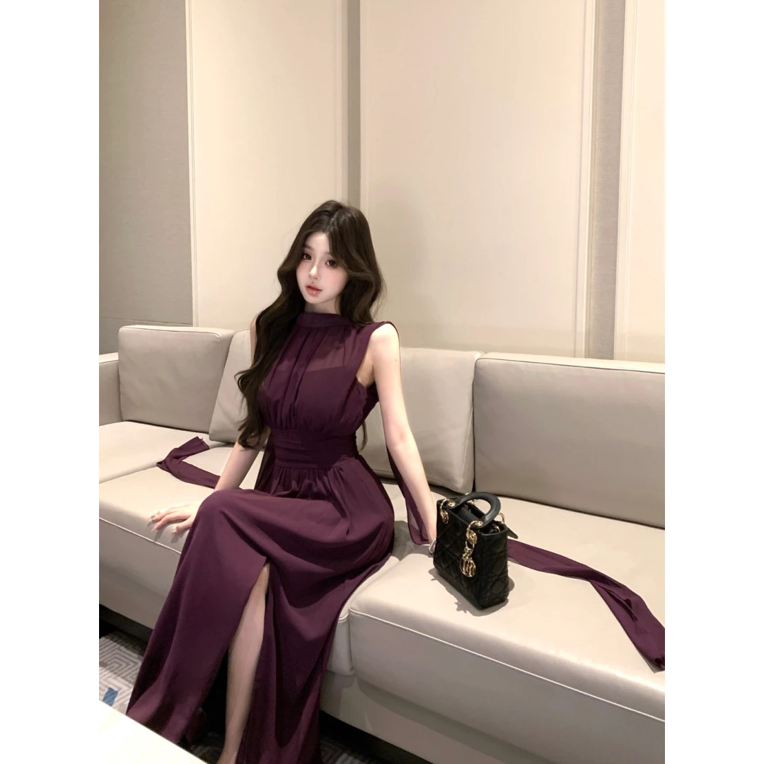 御姐风气质紫色背心连衣裙女装夏季网纱拼接A字裙子收腰开叉长裙