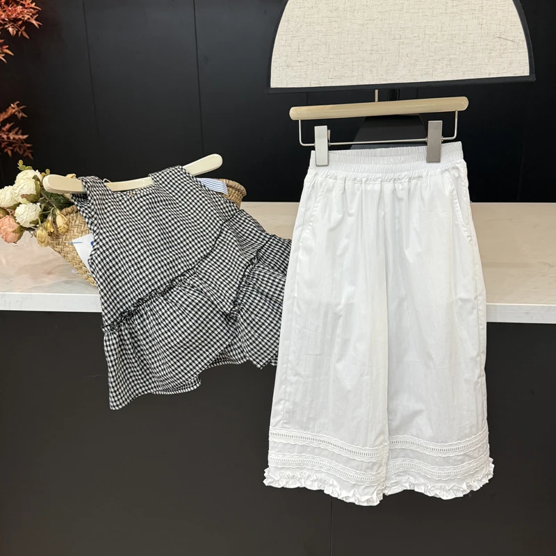 【现货】leomama儿童白色休闲裤子夏薄款花边裤脚设计感女童阔腿裤