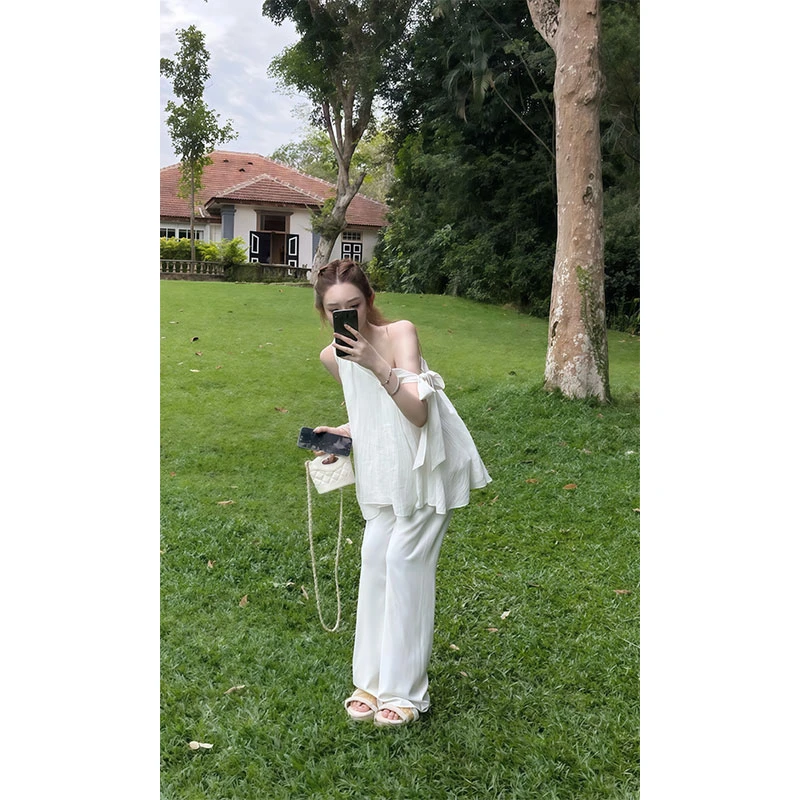 2025夏季新款松弛感绑带斜肩无袖上衣高腰阔腿拖地裤休闲裤两件套