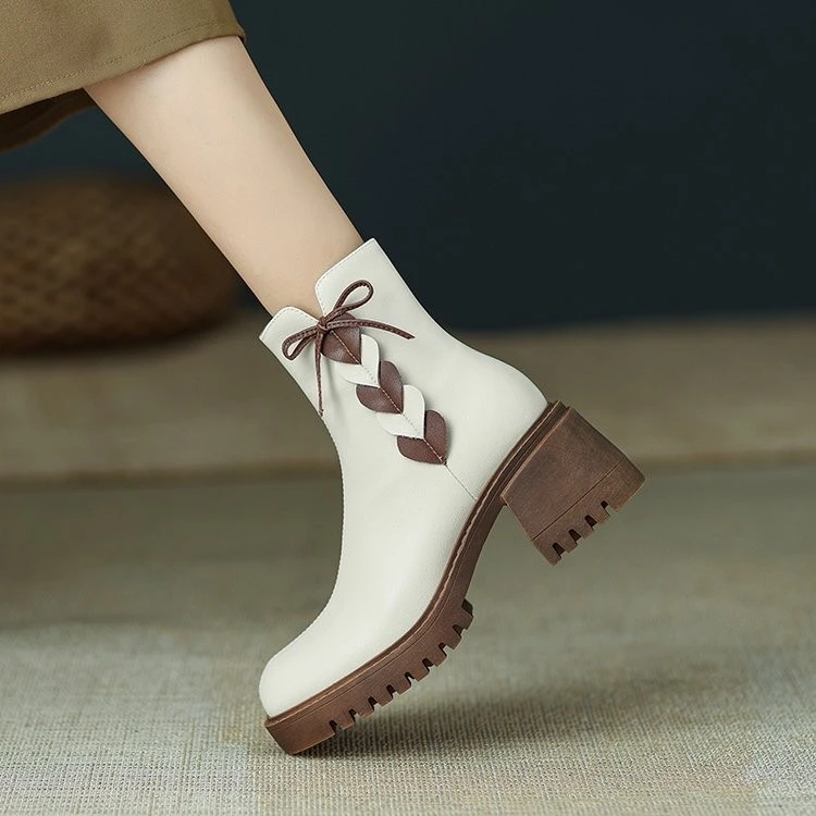 红青蜓真皮法式时尚靴子女2024年秋冬加绒圆头百搭中跟粗跟马丁靴