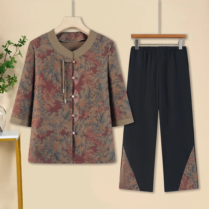 中老年女妈妈夏装洋气套装奶奶装七分袖中式国风衬衫两件套老太太