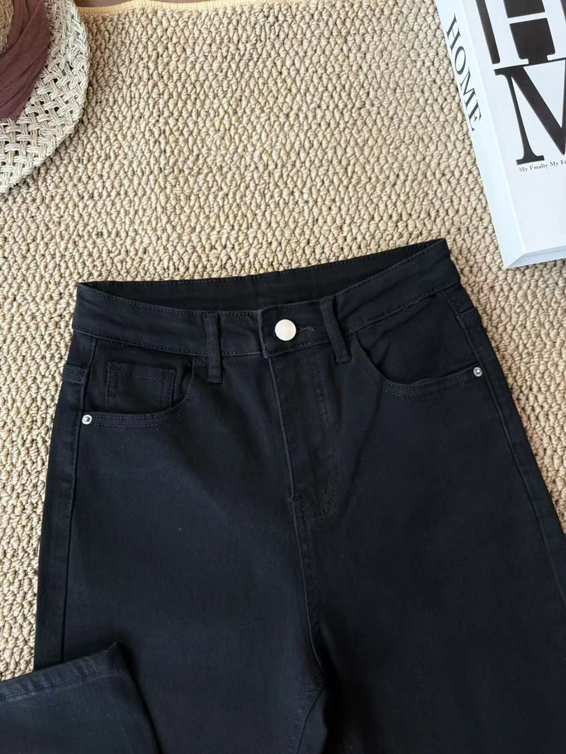 QiQi【黑色烟管】四季款窄版直筒九分牛仔裤女弹力中高腰休闲-2305