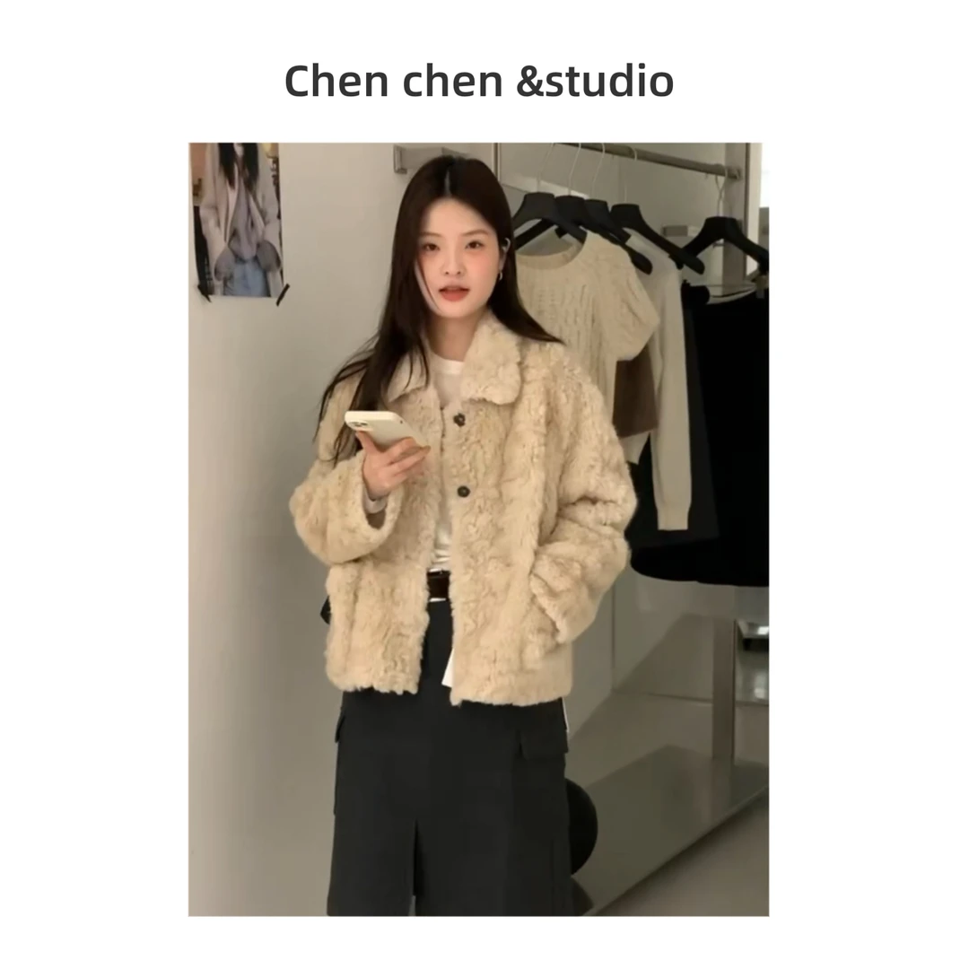 人造皮草 【韩系翻领环保皮草外套】冬季小个子气质软糯毛毛上衣女