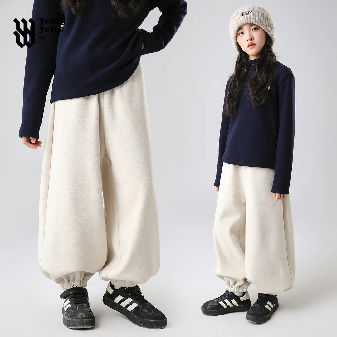 雨星雨嫣女童加绒裤子2025新款冬初中生卫裤大童一体绒运动裤