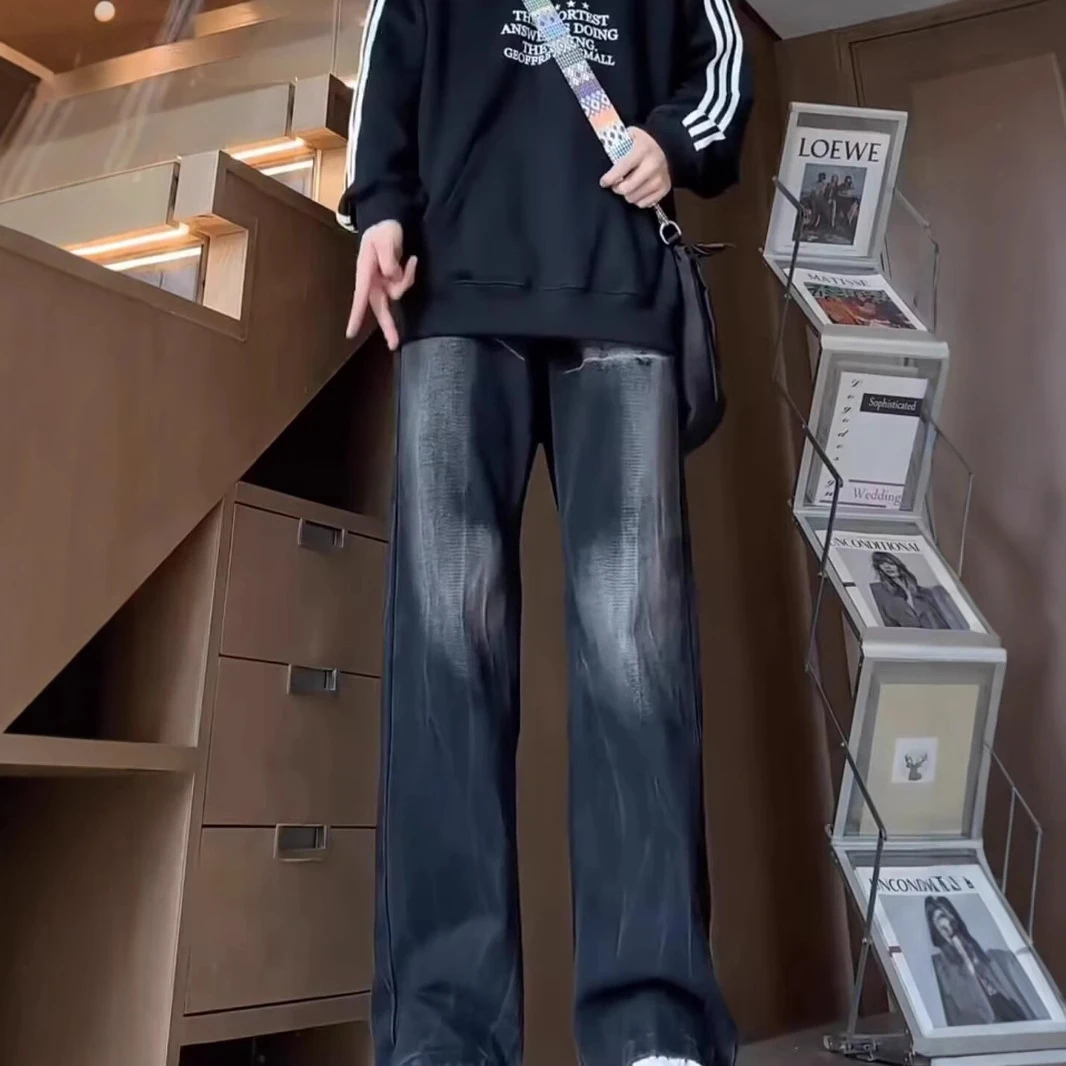 潮流宽松百搭薄款夏季直筒男士牛仔裤韩版复古破洞大码休闲裤