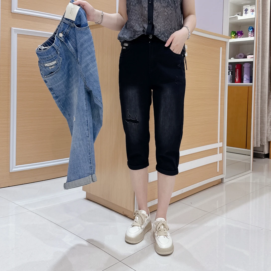 时尚薄款七分牛仔裤5-3030女夏季假破洞显瘦百搭小脚/长76厘米