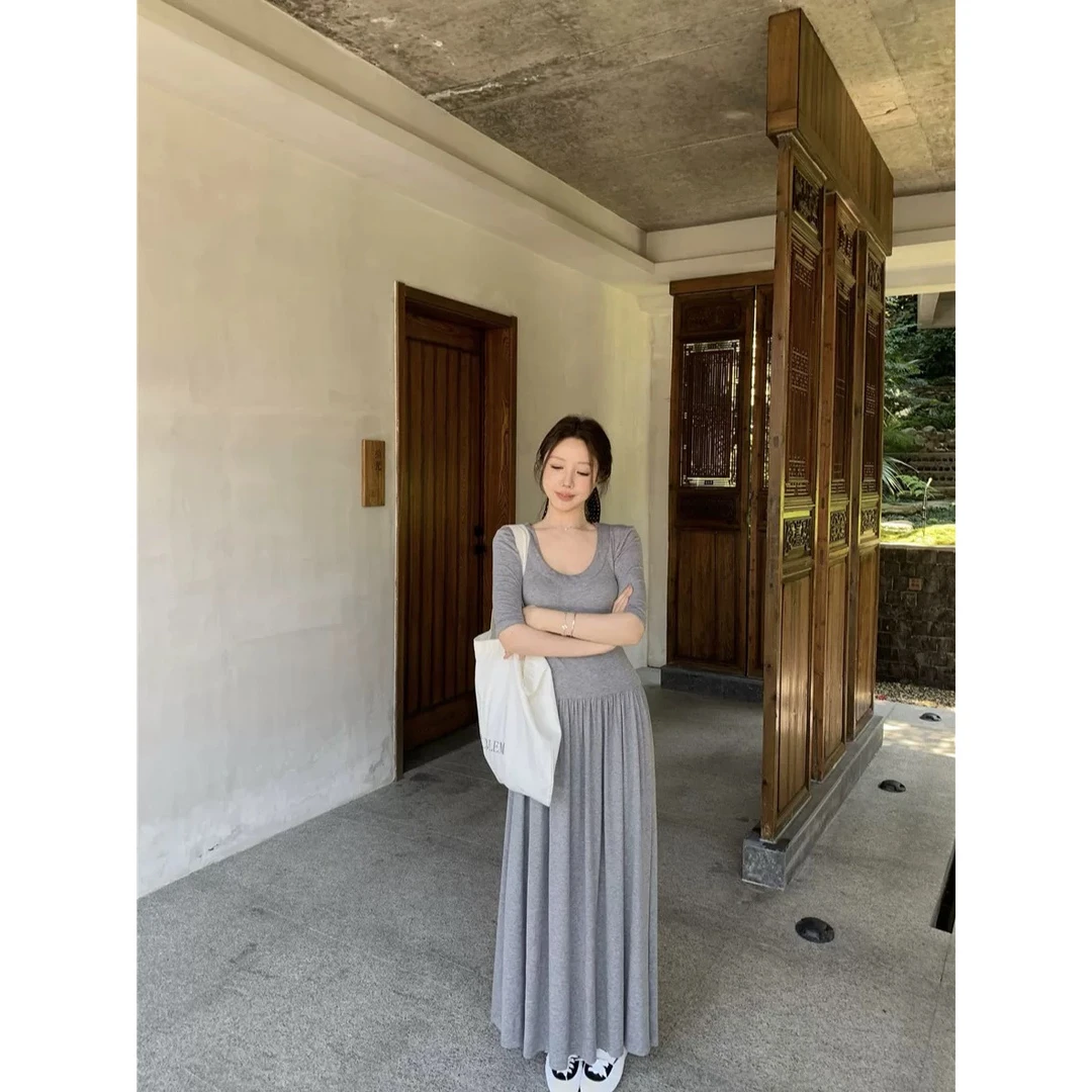 芭蕾风连衣裙夏季流行穿搭流行单品显瘦长裙女U领A字裙修身大摆裙