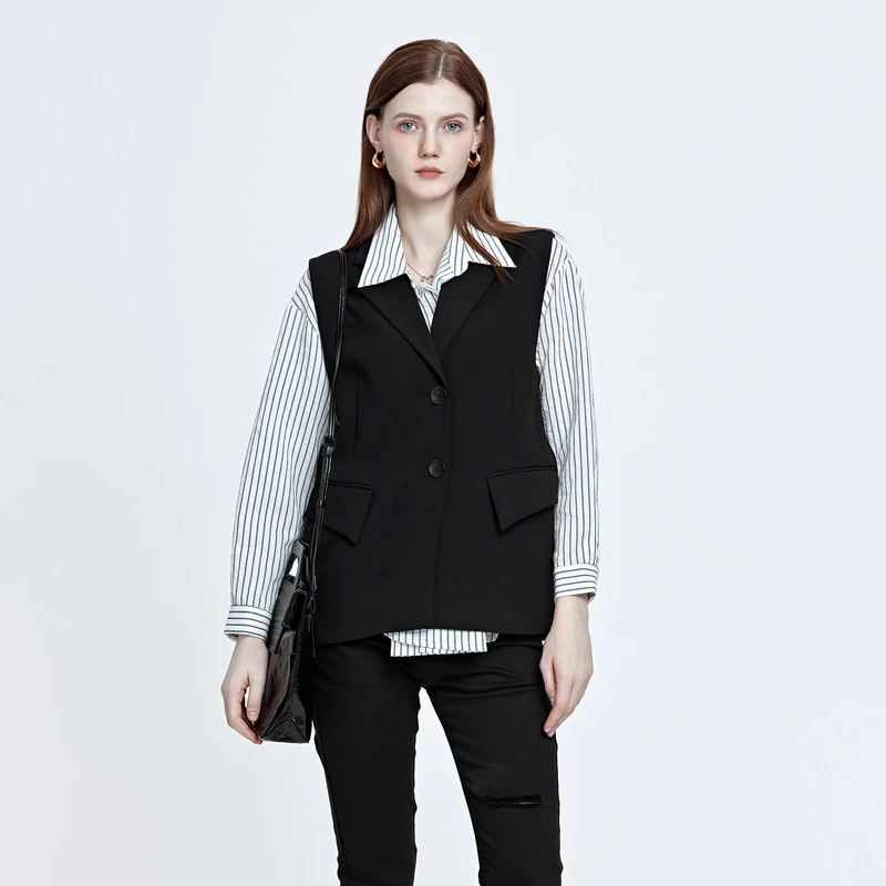 女装休闲翻领马甲条纹长袖衬衫S22160505