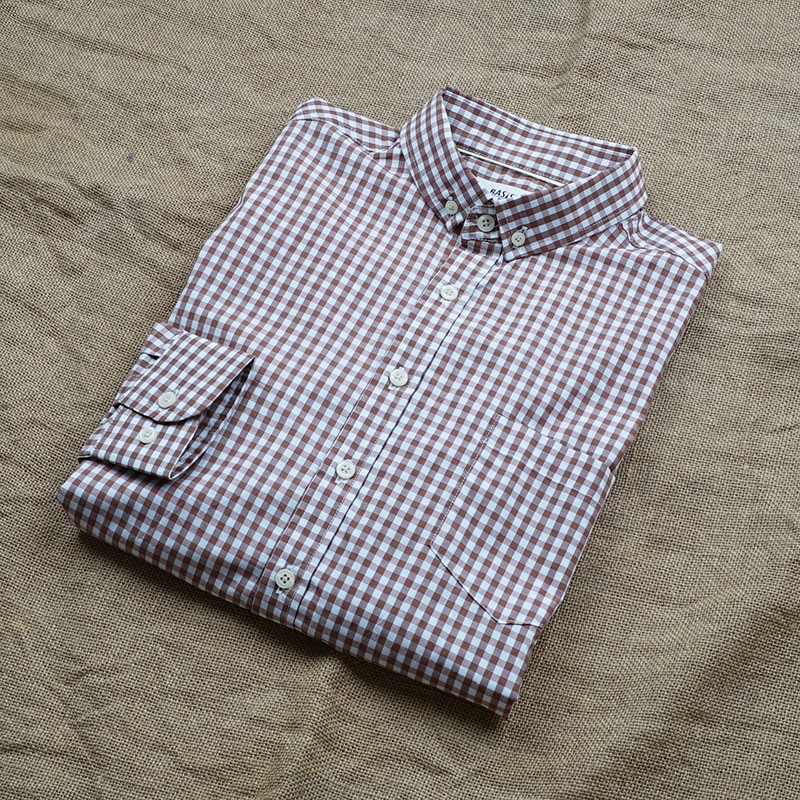巴司司衬衫咖啡格男长袖高支纯棉百搭休闲咖啡白格纹衬衣234