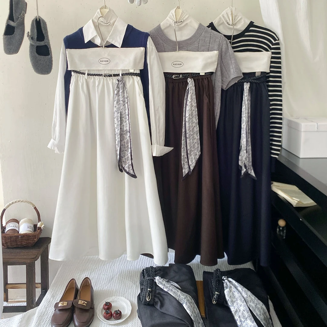 法式复古丝巾仿牛仔半身裙女秋高腰显瘦A字中长款大摆休闲伞裙