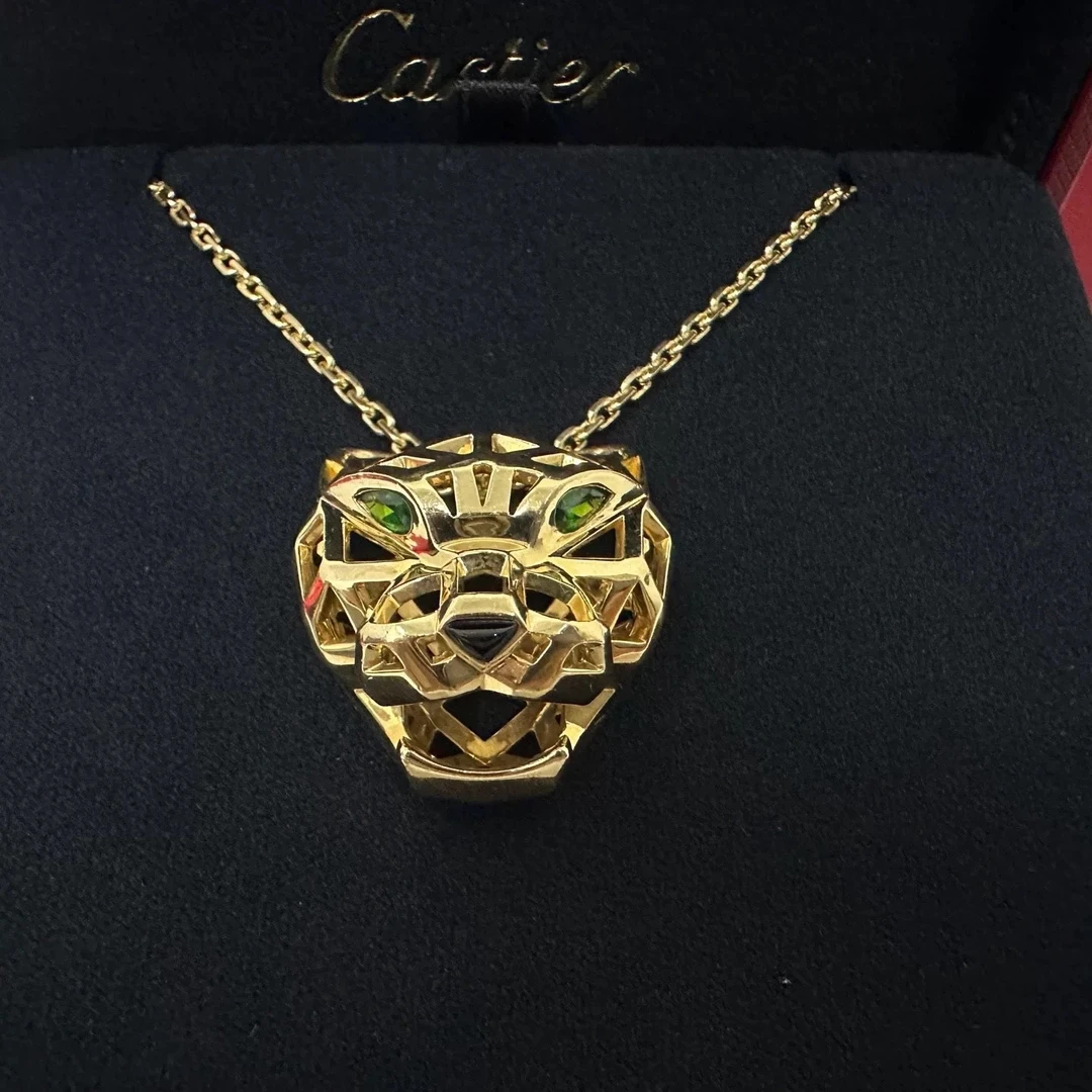 未使用 Cartier/卡地亚 小花6欢 祖母绿镶嵌黄金豹子头项链 18k金