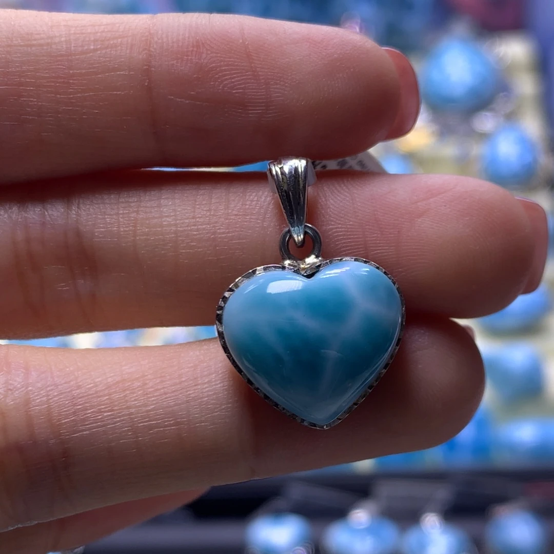 针钠钙石（海纹石）银S925镶嵌吊坠(不含链)爱心吊坠色差略异