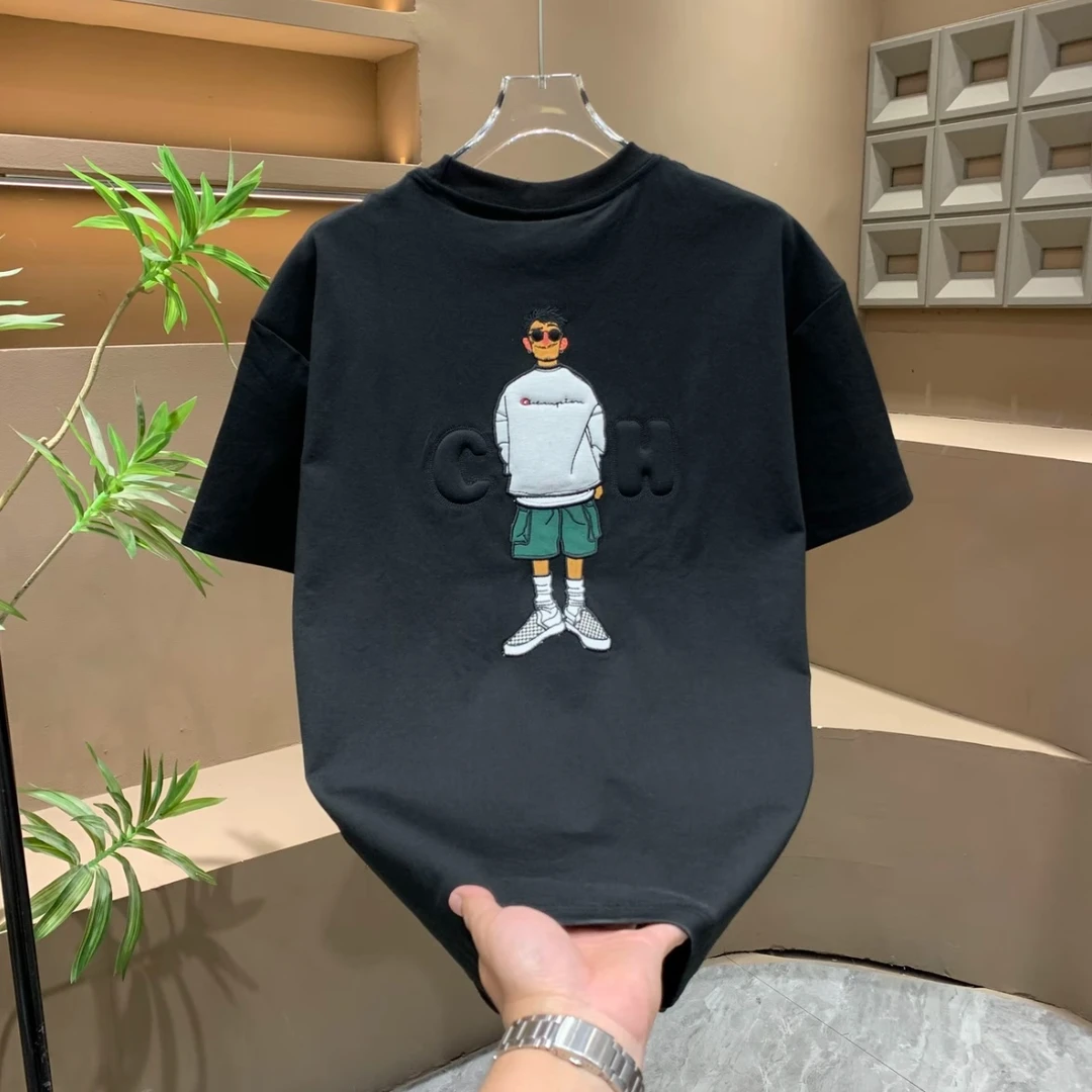夏季潮流时尚刺绣短袖男T恤2025新款潮牌休闲百搭宽松男装上衣服