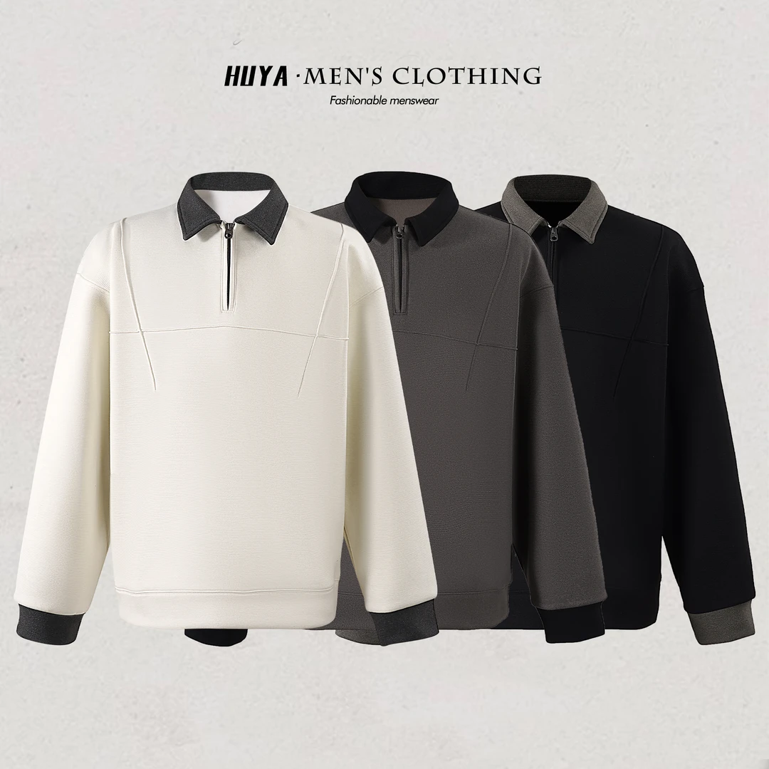 虎牙兄弟冬季绵羊毛磨毛加厚半拉链翻领卫衣保暖拼接长袖男X66938