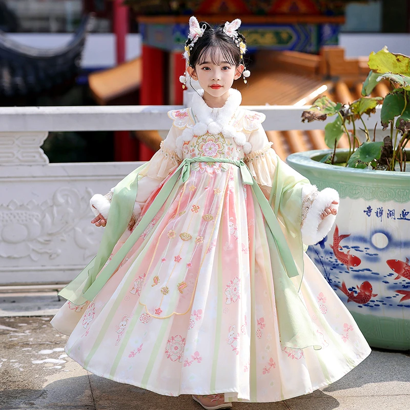 99571JR汉服女童中国风冬款加绒长袖襦裙装古风唐装连衣公主裙子