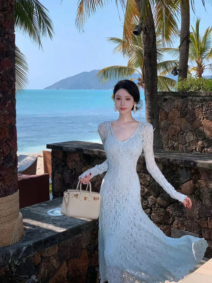 【雅乔定制】冰海夏日 V领收腰大摆蕾丝连衣裙两件套DYTH-24103613