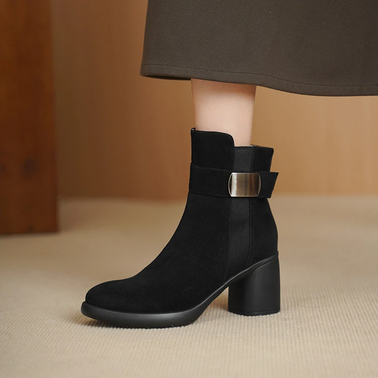 羊皮~7cm秋冬新款粗跟真皮短靴厚底黑色瘦瘦靴加绒保暖百搭马丁靴