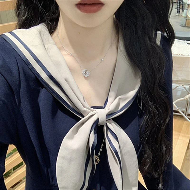蝴蝶海军领连衣裙中长款显瘦法式春秋气质赫本风收腰拼色学院风