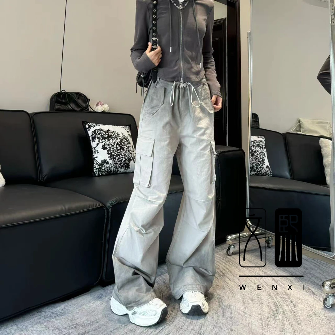 秋季新款高腰工装裤美式直筒百搭宽松显瘦复古扎染渐变休闲裤女