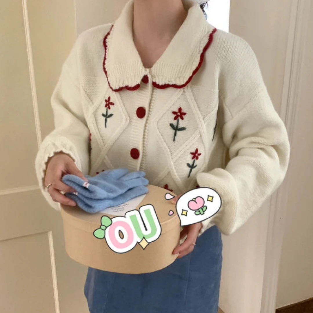 韩系穿搭重工绣花法式甜美娃娃领针织开衫显贵高品质毛衣 #73