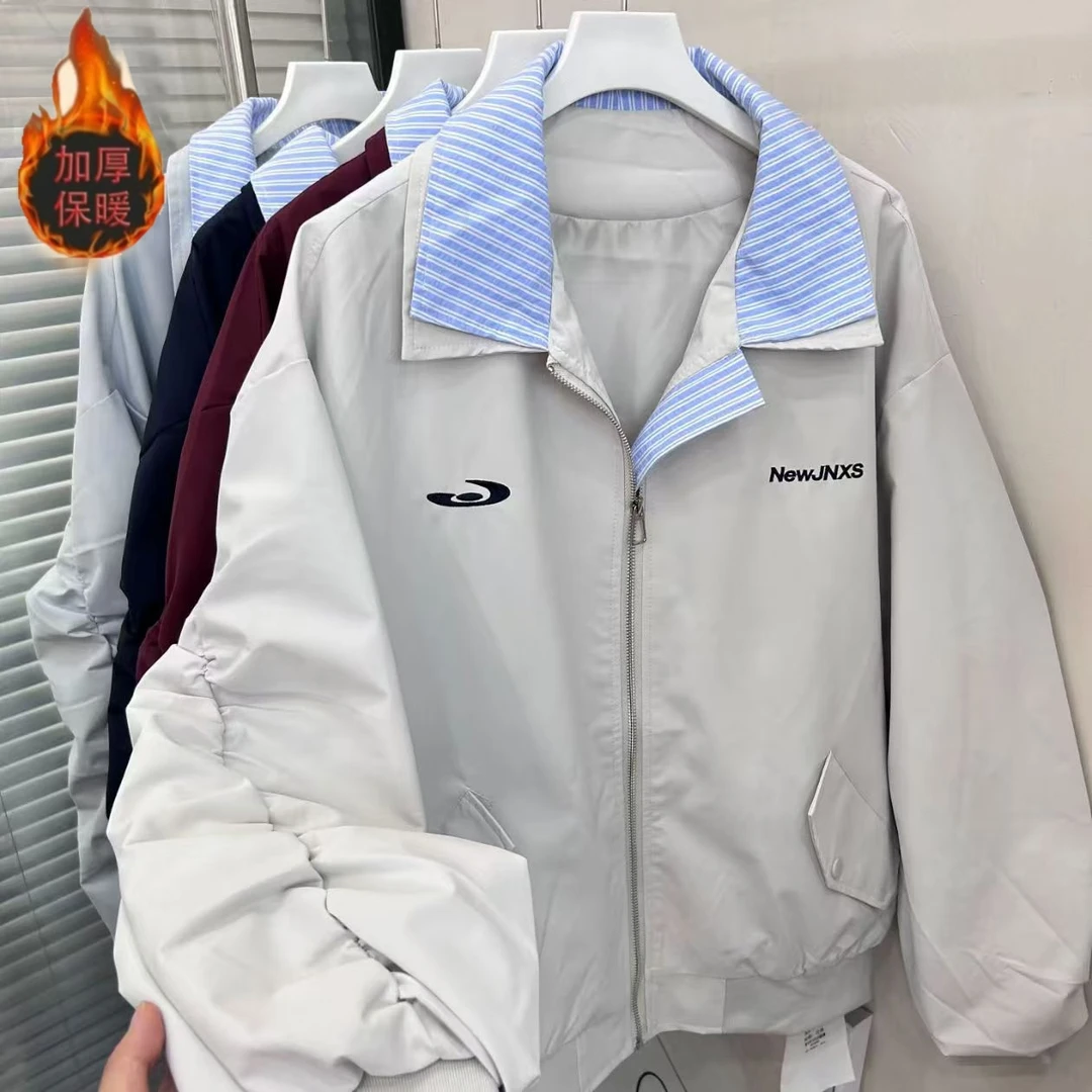 加棉加厚美式复古拼接格纹假两件飞行夹克冬季新款宽松休闲外套潮