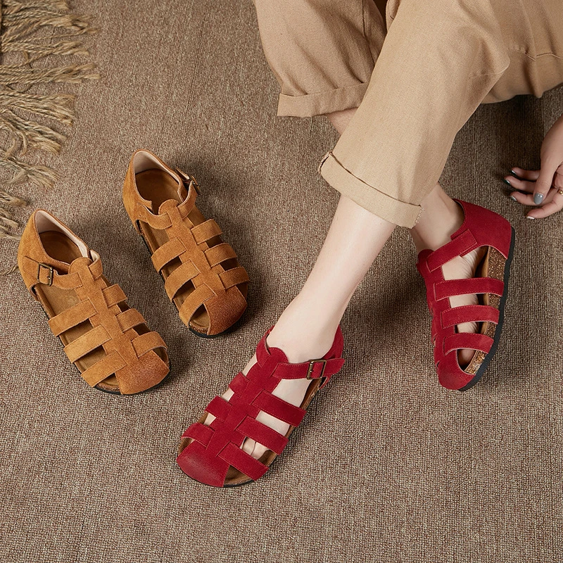 铂帝思2025新款真皮复古包头罗马凉鞋女平底厚底牛皮编织BO肯女鞋
