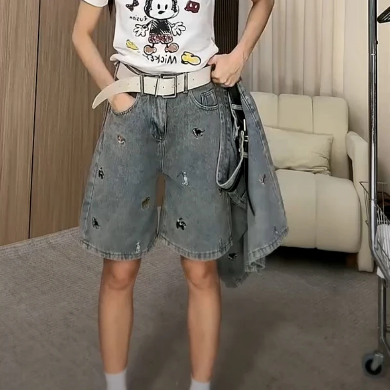 大码小狗刺绣百搭牛仔短裤女2025夏季新款宽松显瘦直筒阔腿五分裤