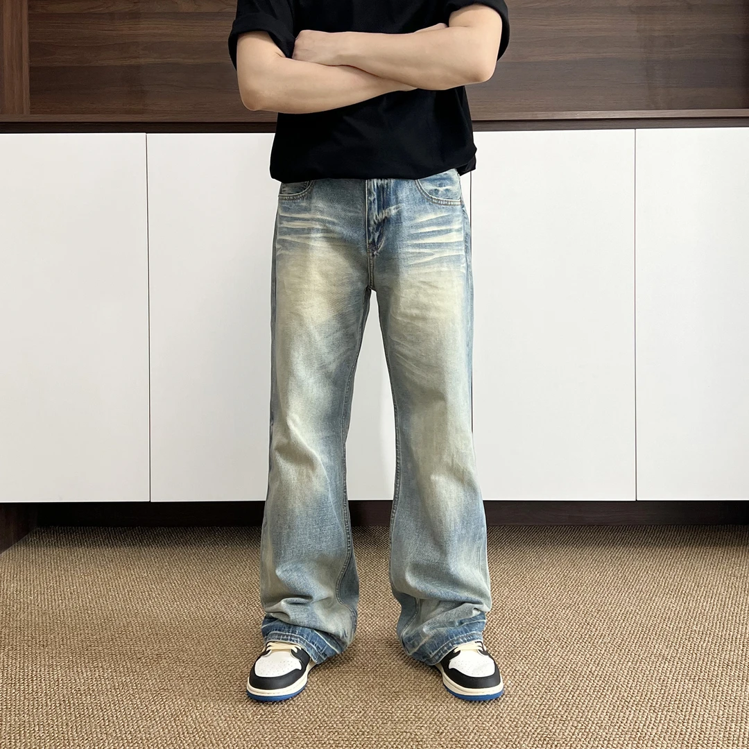 美式复古水洗做旧蓝牛王A字版型宽松直筒牛仔裤男款潮流cleanfit