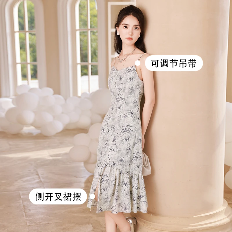 【直播专享】Q833004连衣裙 香影碎花吊带连衣裙女新款气质垂感过