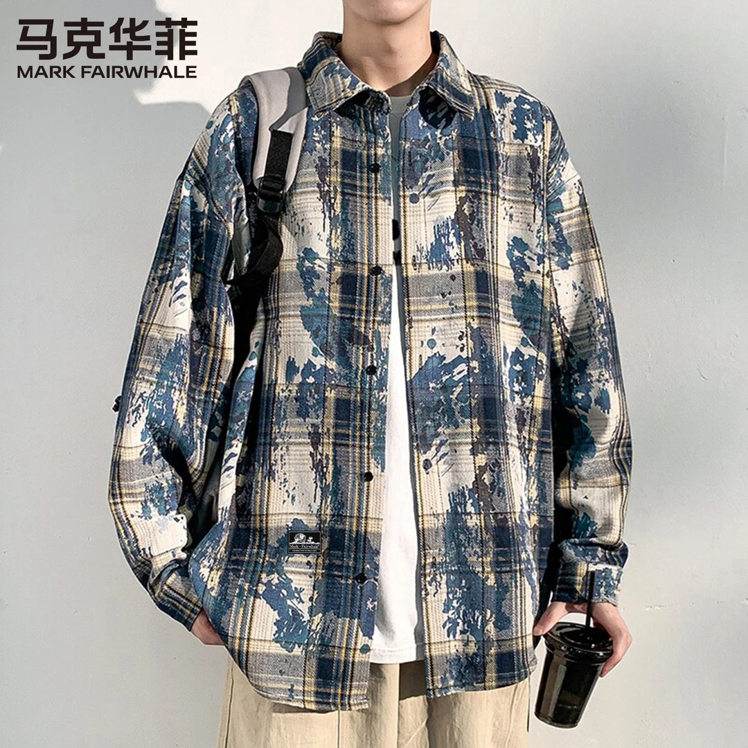 马克华菲扎染格子衬衫高级感痞帅长袖衬衣美式风防晒外套上衣男款