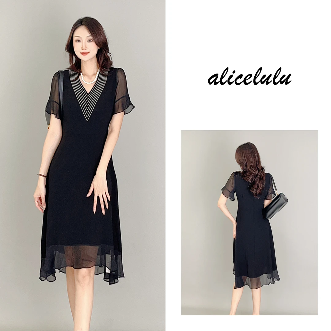 2ALICE“黑天鹅”连衣裙轻柔飘逸v字显瘦S2138500B