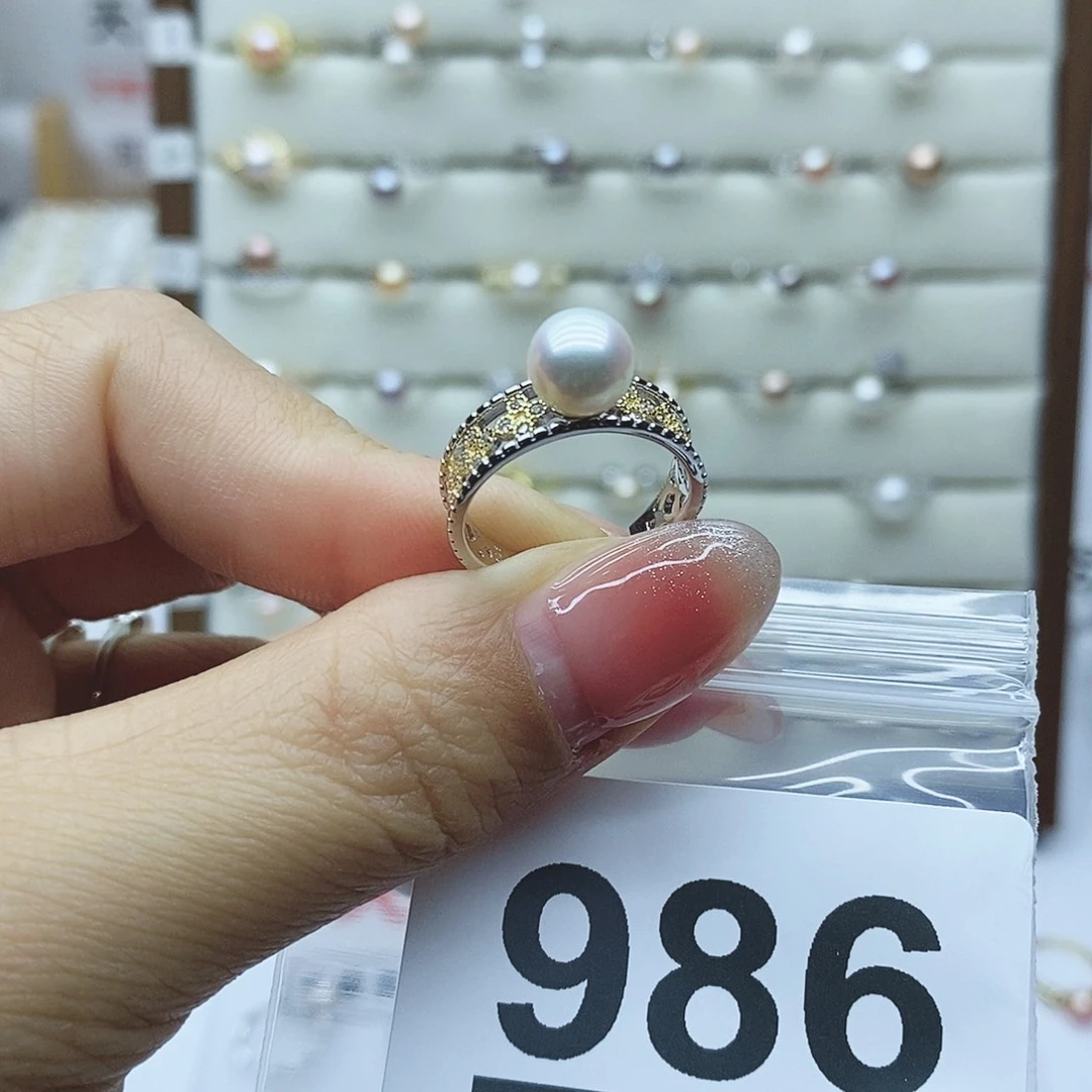 淡水珍珠戒指银S925镶嵌七*986