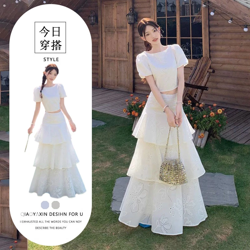 法式复古甜美套装白色衬衫女新款夏季时尚百搭设计感半身裙两件套