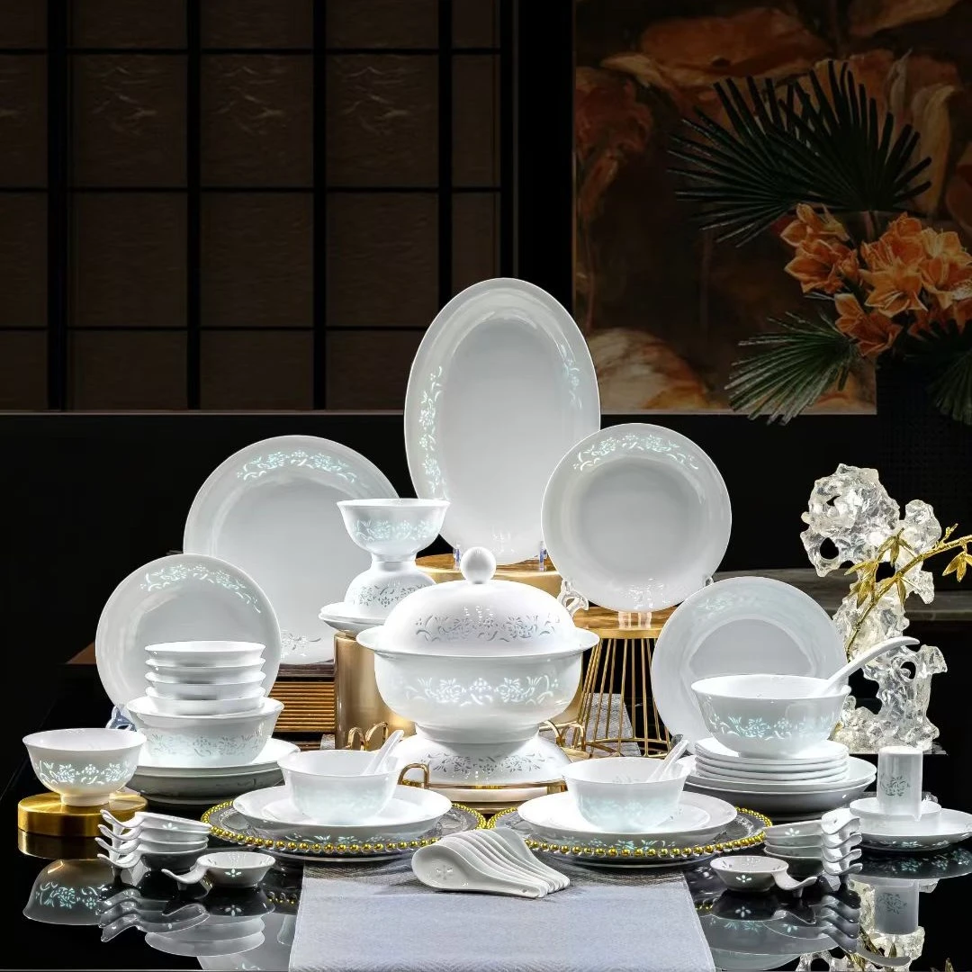 58头白玉玲珑年年有鱼陶瓷餐具套装家用新中式手工高级碗碟