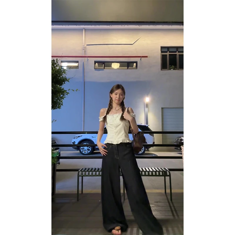 2025新款女士夏季小众设计感花边领吊带衬衫上衣高腰宽松牛仔裤