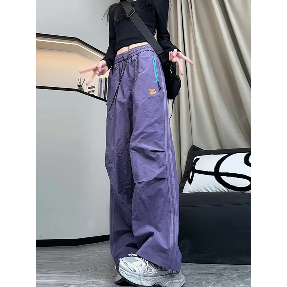 美式撞色拉链褶皱伞兵工装裤男女春夏季运动速干直筒休闲冲锋裤子