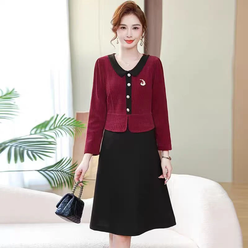 2025年新款长袖洋气假两件连衣裙中老年时尚妈妈显瘦中长款裙子