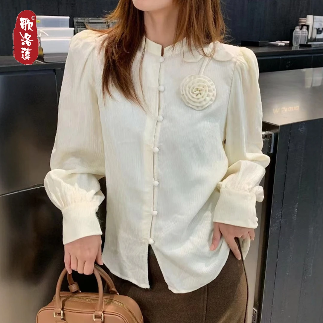 欧洲站千金感手工花朵金丝绒衬衫2025秋冬新款复古立领气质小外套
