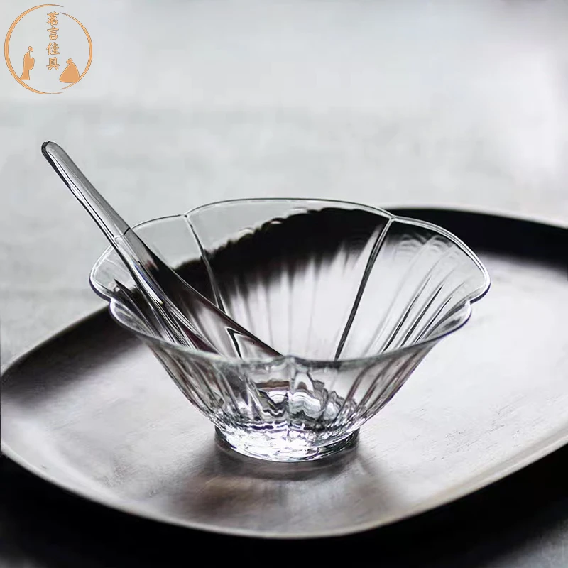 玻璃花朵花瓣碗斗笠碗耐高温水果沙拉碗山茶花泡茶碗冰激凌碗带勺